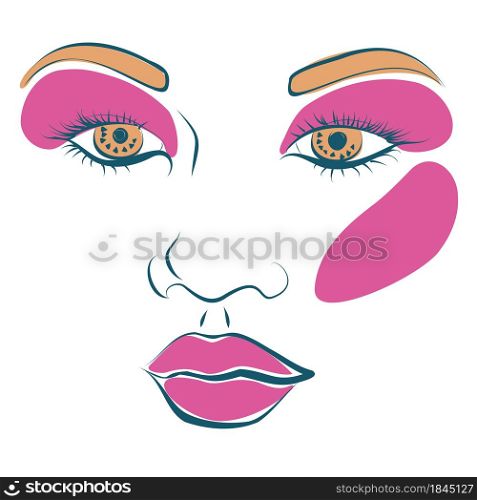 Colorful abstract shapes and line art woman portrait, modern retro style.