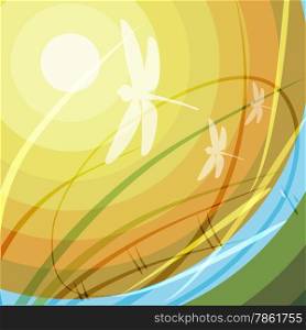 Colorful abstract spring background with flyng dragonflies