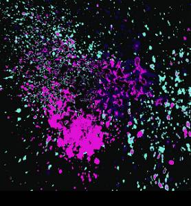 Colorful acrylic paint splatter shiny, blob on blue dark background. Neon glowing spray stains abstract background, vector illustration.