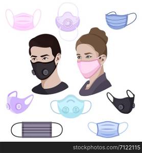 Colorful air pollution face masks set isolated, man and woman wearing medical mask, protection and healthcare, vector illustration. Colorful air pollution face masks set, man and woman wearing medical mask