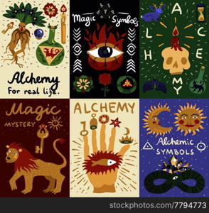 Colorful alchemy doodle cards with different magic and alchemic symbols isolated vector illustration. Alchemy Magic Cards