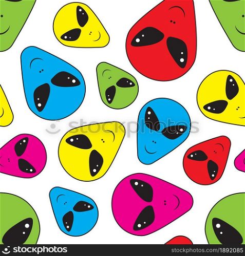 Colorful alien faces on white background seamless pattern for wrapping, wallpaper, textile, paper, fashion and more. Vector illustration.