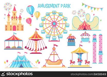 Colorful amusement park flat elements set. Cartoon carnival, circus and funfair carousels isolated on white background vector illustration collection. Fantasy playground entertainment concept