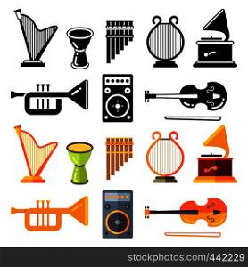 Colorful and black silhouettes of popular classic music instruments. Vector illustration. Colorful and black silhouettes of popular classic music instruments
