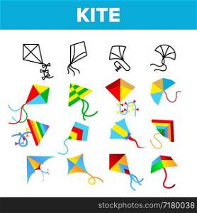 Colorful And Fun Kites Vector Linear Icons Set. Childhood Pastime, Game For Children. Summertime Outdoor Activity For Kids, Adults Thin Line Design. Kite With Ribbons Flying Flat Illustration. Colorful And Fun Kites Vector Linear Icons Set