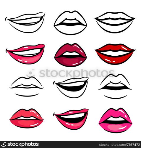 Colorful and line female lips vector set on white background. Colorful and line female lips