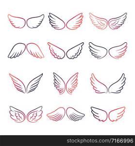 Colorful angels or birds wings line vector set. Colorful wings line set