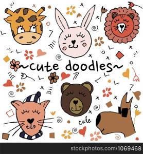 Colorful animal friends collection including dog, cat, giraffe, bear, lion, rabbit.Cute hand drawn doodles.Good for posters, stickers, cards, alphabet and nursery decor.Scandinavian kids illustration