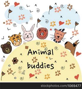 Colorful animal friends collection including dog, cat, giraffe, bear, lion, rabbit.Cute hand drawn doodles.Good for posters, stickers, cards, alphabet and nursery decor.Scandinavian kids illustration