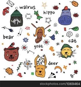 Colorful animal friends collection including walrus, hippo,goat,cat,deer,bear.Cute hand drawn doodles.Good for posters, stickers, cards, alphabet and nursery decor.Scandinavian kids illustration