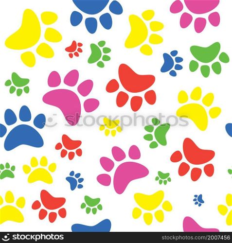 Colorful animal track, cat, dog paw seamless pattern. Vector illustration.