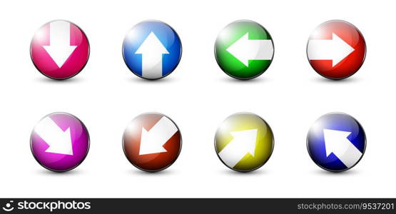 Colorful arrow icon in a circle. Collection of colored arrows with shadows underneath. Flat vector illustration.