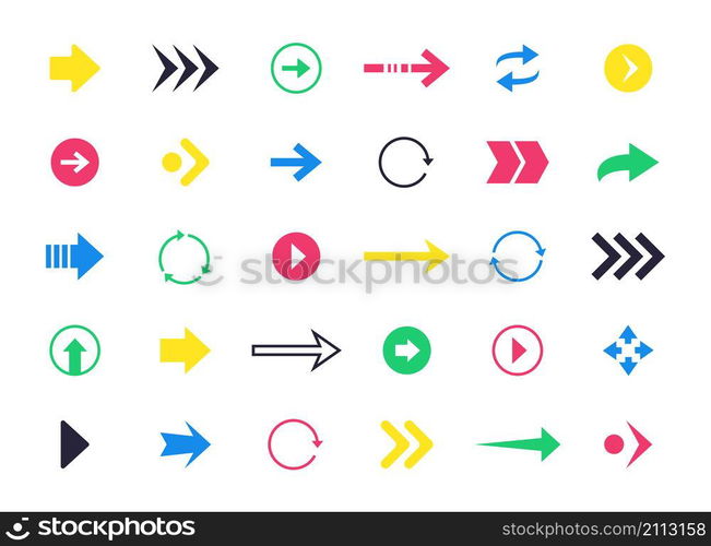 Colorful arrow icons. Interface navigation previous and next pictograms, web and application up down left right direction symbol pack. Vector set minimal moving coloured pointer flowchart. Colorful arrow icons. Interface navigation previous and next pictograms, web and application up down left right direction symbol pack. Vector set