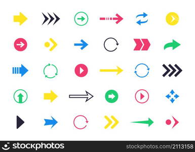 Colorful arrow icons. Interface navigation previous and next pictograms, web and application up down left right direction symbol pack. Vector set minimal moving coloured pointer flowchart. Colorful arrow icons. Interface navigation previous and next pictograms, web and application up down left right direction symbol pack. Vector set