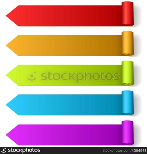 Colorful arrow shaped blank rolled labels isolated on white background.
