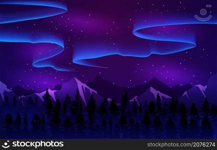 Colorful Aurora Borealis Sky Light Pine Mountain Adventure Polar Landscape Illustration