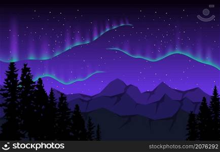 Colorful Aurora Borealis Sky Light Pine Mountain Adventure Polar Landscape Illustration