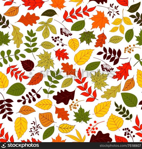 Colorful autumn leaves and berries seamless background. Wallpaper with vector pattern of trees and plants foliage oak, birch, maple, elm, poplar, aspen. Colorful leaves and berries seamless background