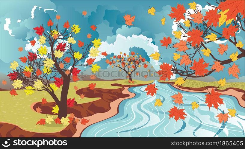 Colorful autumn leaves on maple trees and mountain river landscape.