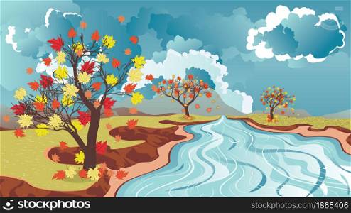 Colorful autumn leaves on maple trees and mountain river landscape.