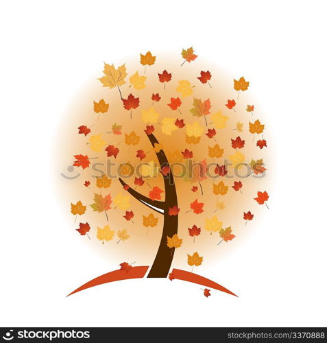 Colorful autumn tree made of colorful dots in bright autumn colors. Vector
