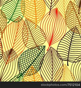 Colorful autumnal outline leaves seamless pattern with green, orange, yellow and brown leaves. For seasonal holidays, wallpaper or fabric design. Colorful autumnal outline leaves seamless pattern