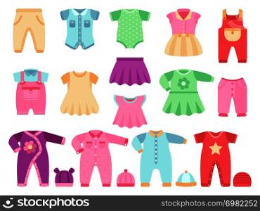 Colorful baby girl clothes vector set. Cloth for little girl baby illustration. Colorful baby girl clothes vector set