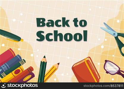 Colorful back to school background template with different studying supplies - books stack, pen and pencils, scissors glasses and notebook. Vector illustration design with copy space. Colorful back to school background template with different studying supplies - books stack, pen and pencils, scissors glasses and notebook. Vector illustration design with copy space.