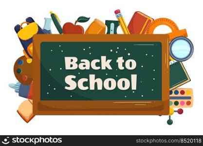 Colorful back to school background with classroom chalkboard and different studying supplies behind it. Vector illustration design with blackboard and copy space. Colorful back to school background with classroom chalkboard and different studying supplies behind it. Vector illustration design with blackboard and copy space.