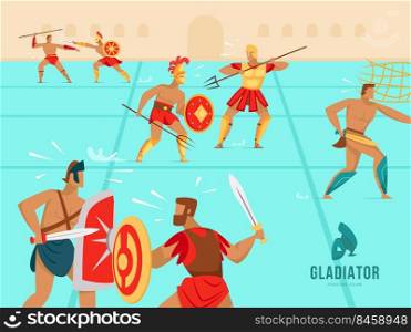 Colorful background design with gladiators fighting in Coliseum. Ancient armed Spartan warriors in battle. Gladiators, fencing club, competition concept for promotional or invitation web page