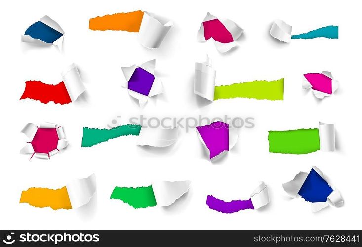 Colorful background under torn sheets of white paper realistic set isolated vector illustration