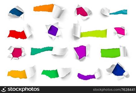 Colorful background under torn sheets of white paper realistic set isolated vector illustration