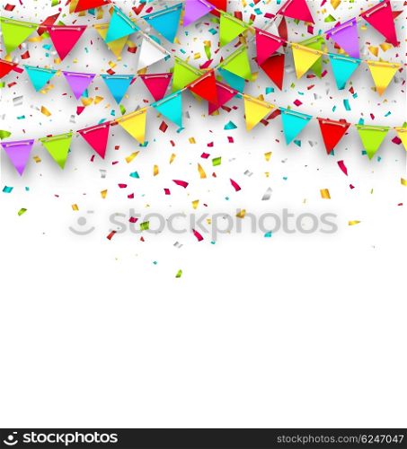 Colorful Background with Hanging Bunting and Confetti for Your Party. Illustration Colorful Background with Hanging Bunting and Confetti for Your Party - Vector