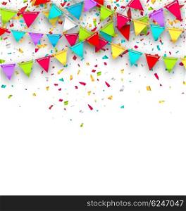Colorful Background with Hanging Bunting and Confetti for Your Party. Illustration Colorful Background with Hanging Bunting and Confetti for Your Party - Vector