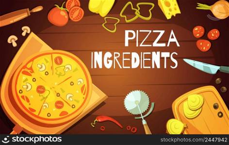 Colorful background with prepared pizza meat and vegetable ingredients and knife for cutting flat vector illustration . Pizza Ingredients Background