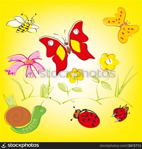 Colorful background with whimsical flowers, butterflies and ladybugs in a cheerful color palette.