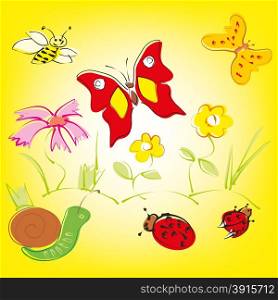 Colorful background with whimsical flowers, butterflies and ladybugs in a cheerful color palette.