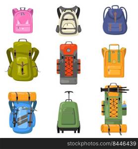 Colorful backpacks set. Bags for school, c&ing, trekking, mountain climbing, hiking. Flat vector illustrations for tourist equipment, rucksack, luggage concept