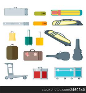 Colorful baggage collection with cases boxes bags luggage for transportation of different items isolated vector illustration . Colorful Baggage Collection