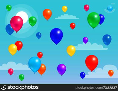 Colorful balloons flying in blue sky, rubber balloon with helium among clouds in endless skyline vector illustration background with flying toy objects. Colorful Balloons Flying Blue Sky, Rubber Balloon