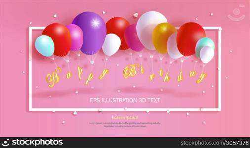 Colorful balloons happy birth day with heart on purple background, For anniversary, wallpaper, flyer, invitation card, poster, postcard, brochure, banner, advertising, mockup, Vector illustration 3d.