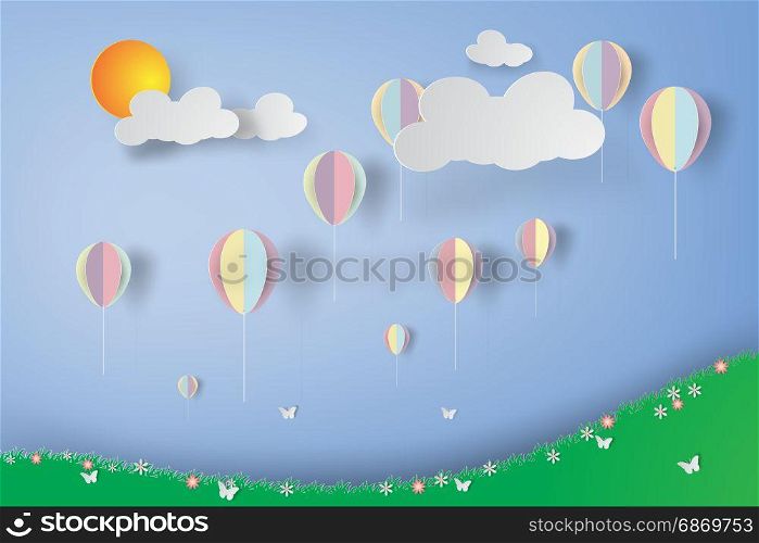colorful Balloons in flowers garden , paper art style