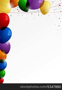 Colorful balloons on a white background with colored threads and confetti