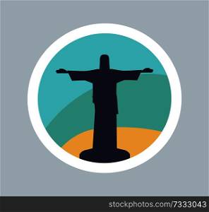 Colorful banner of cute statue of Jesus in Rio vector illustration isolated in white circle blue and yellow curved lines dark silhouette grey backdrop. Colorful Banner of Cute Statue of Jesus in Rio