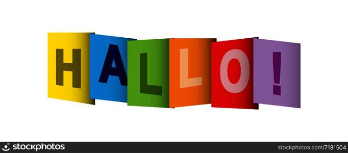 Colorful banner that says HELLO!. The letters are written on colored rectangles
