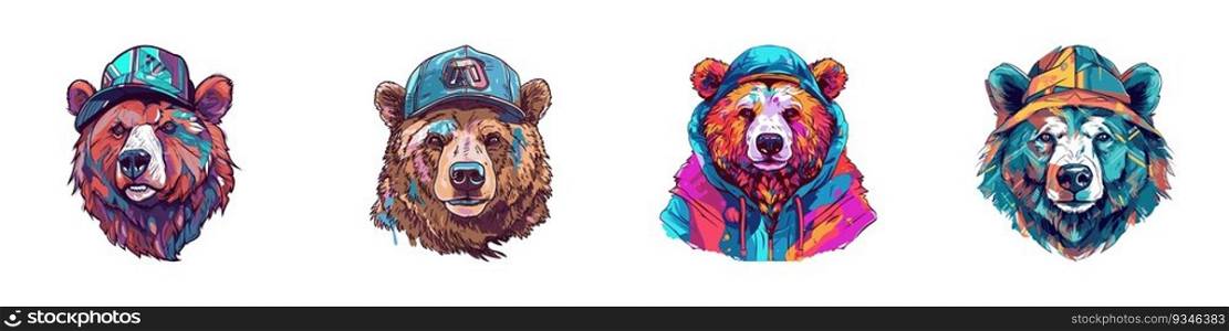 Colorful bear with a hood and a cap. Watercolor bear face logo set. Vector illustration.