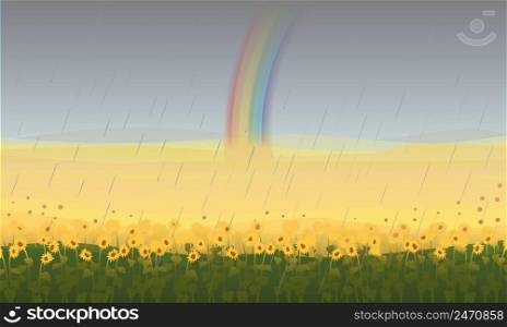 Colorful beautiful field landscape background with sunflowers and rainbow after rain vector illustration. Colorful Beautiful Field Landscape Background