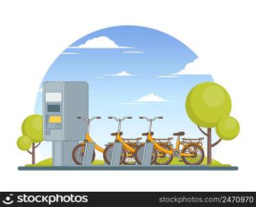 Colorful bike parking concept with orange bicycles ticket machine and green trees vector illustration. Colorful Bike Parking Concept