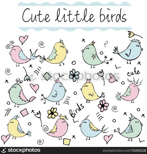 Colorful bird collection. Cute hand drawn bird doodles. Good for posters, stickers, cards, alphabet and nursery decor. Scandinavian kids illustration