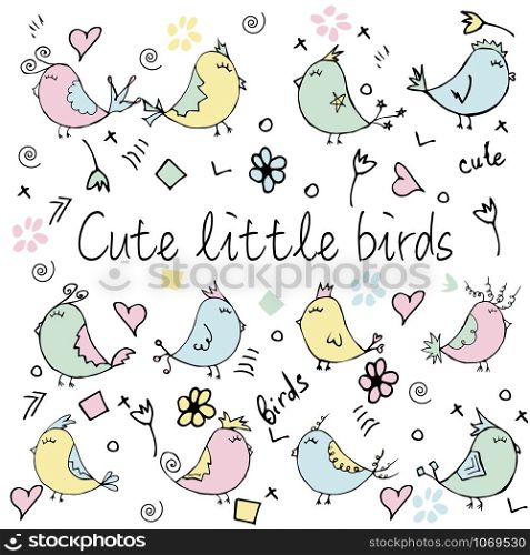 Colorful bird collection. Cute hand drawn bird doodles. Good for posters, stickers, cards, alphabet and nursery decor. Scandinavian kids illustration